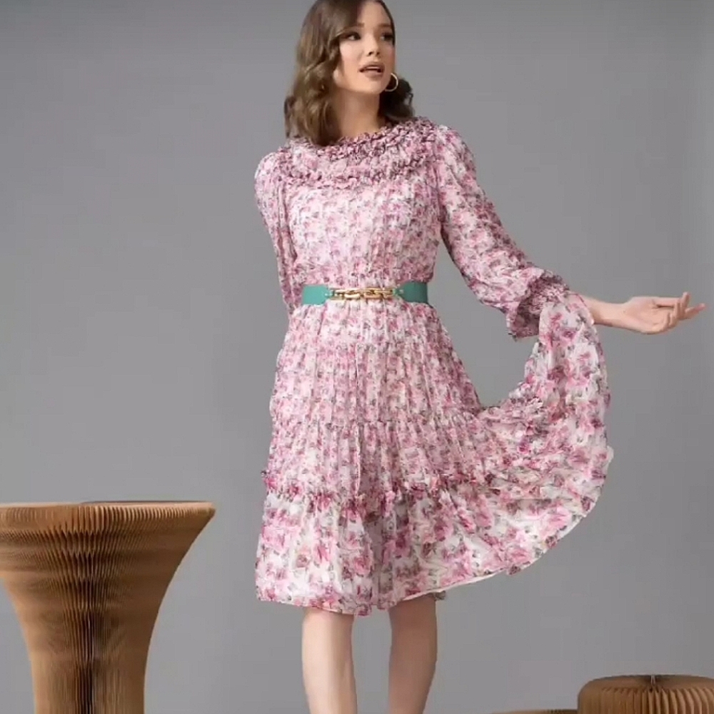 NEW Bianco Nero RARE B-AKIVA modest pink floral chiffon long sleeve midi dress L